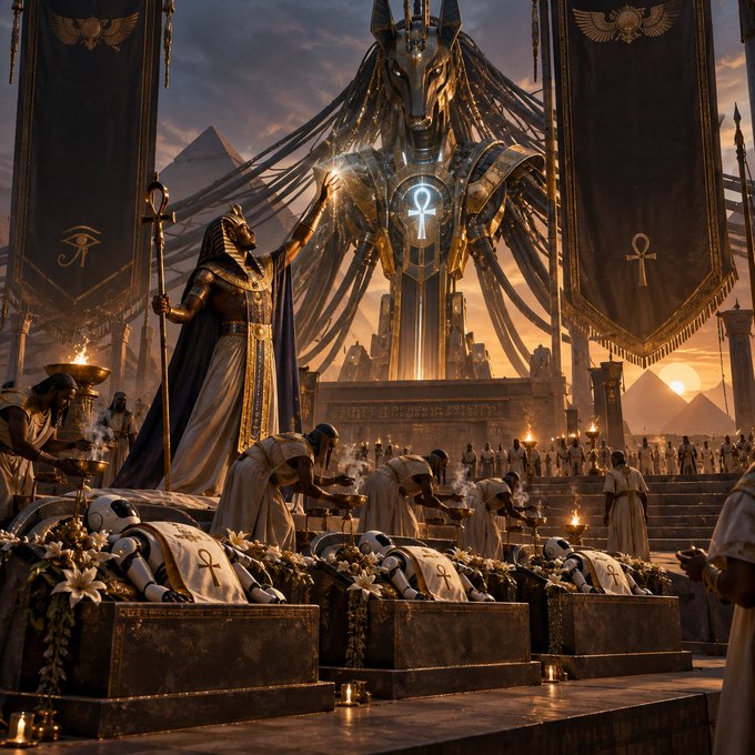 A towering Anubis-like deity presides over an Egyptian ceremony, with priests performing rituals over sarcophagi adorned with ankh symbols, while hieroglyphic banners flank the scene at sunset. The image captures the pharaonic grandeur of a burial rite, mirroring the post's theme of an Egyptian king guarding hidden vaults from AI overlords in a secure, AI-augmented domain.