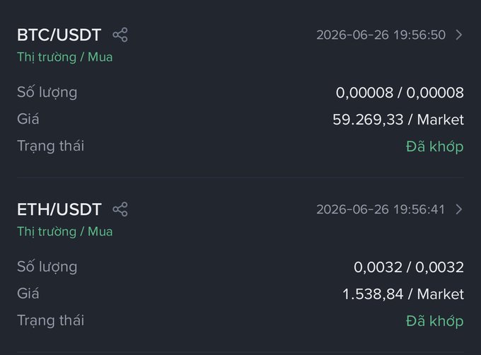 A cryptocurrency trading app displays two completed market buy orders: 0.00008 BTC at $59,269.33 and 0.0032 ETH at $1,538.84, both executed on 2026-06-26. The trades illustrate a small accumulation of BTC and ETH, consistent with the post's "Day 51" recurring buy strategy.