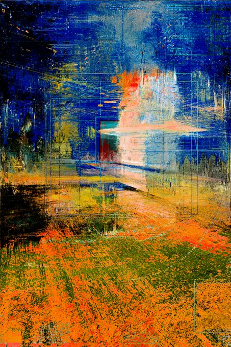 An abstract painting featuring vibrant colors, predominantly deep blues, oranges, and yellows, with geometric shapes and textured brushstrokes creating a dynamic composition.