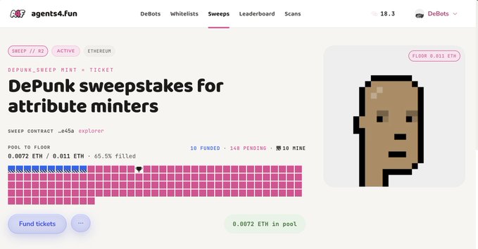 Screenshot of agents4.fun showing a DePunk sweepstakes page for attribute minters with 10 funded, 148 pending, and a floor of 0.011 ETH.