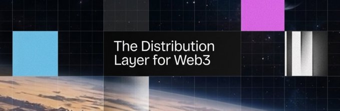 A graphic with text reading 'The Distribution Layer for Web3' featuring geometric shapes and space imagery.