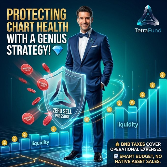 Crypto promotional graphic for 'TetraFund' titled 'PROTECTING CHART HEALTH WITH A GENIUS STRATEGY!' featuring a man in a blue suit, a shield labeled 'ZERO SELL PRESSURE', and text highlighting 'BNB TAXES COVER OPERATIONAL EXPENSES' and 'SMART BUDGET, NO NATIVE ASSET SALES'.