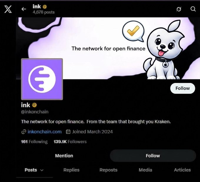 An X (formerly Twitter) profile for 'ink' (@inkonchain) shows 139.1K followers and describes itself as 'The network for open finance,' featuring a cartoon dog mascot.