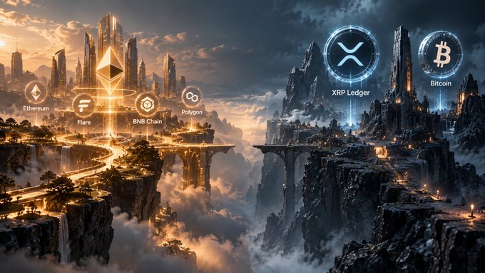 A stylized digital artwork depicting a fantasy landscape split between two themes, showing logos for Ethereum, Flare, BNB Chain, Polygon on a sunny golden side, and XRP Ledger and Bitcoin on a dark rocky side.
