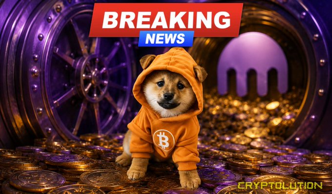 A Shiba Inu puppy wearing an orange Bitcoin hoodie sitting on a pile of gold coins, overlaid with a 'BREAKING NEWS' banner and 'CRYPTOLUTION' branding.