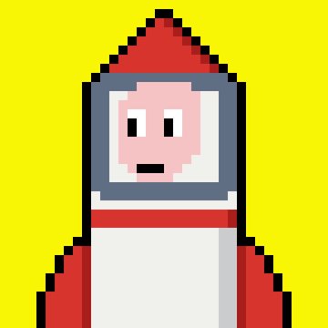 A pixel art illustration depicts a character in a red and white spacesuit or hooded outfit with a simple face, set against a bright yellow background. The image appears to be one of the unique 1/1 NFT artworks being prepared for the upcoming mint day on OpenSea.