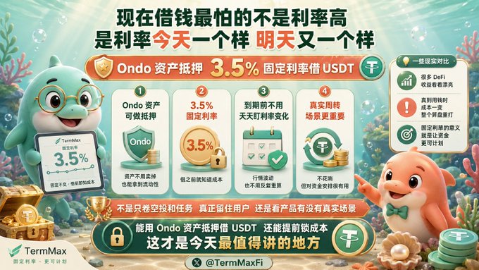 A Chinese-language advertisement for TermMax promoting Ondo asset-backed lending at a fixed 3.5% interest rate for borrowing USDT.