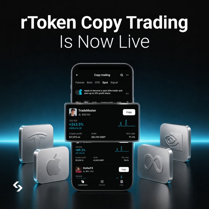 A promotional graphic for "rToken Copy Trading Is Now Live" showing a smartphone displaying a trading app interface with TradeMaster stats (+243.3% ROI) and StellarFX, surrounded by metallic blocks bearing crypto and tech logos.