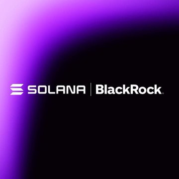 The image features a black and purple gradient background displaying the logos of Solana and BlackRock side by side, visually reinforcing the breaking news of BlackRock's SEC filing to launch tokenized assets on the Solana network.