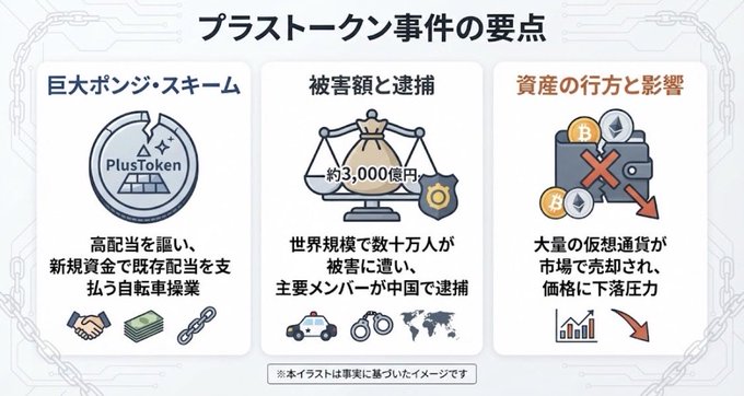 Japanese infographic titled 'プラストークン事件の要点' summarizing the PlusToken Ponzi scheme, with sections on the scam (約3,000億円 in damages), arrests, and cryptocurrency market impact.