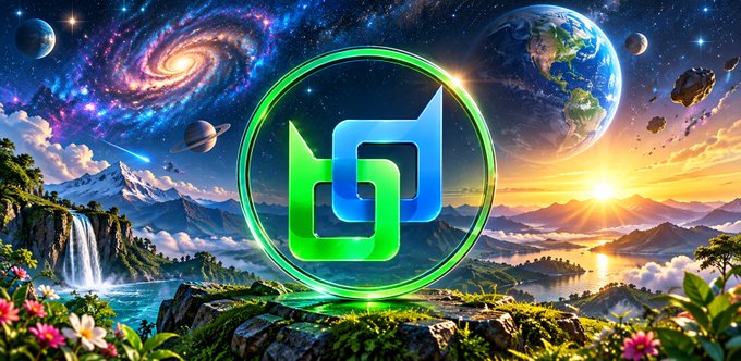 A vibrant, surreal landscape featuring mountains, waterfalls, a galaxy, and planets, with a glowing green and blue geometric logo centered in the foreground.
