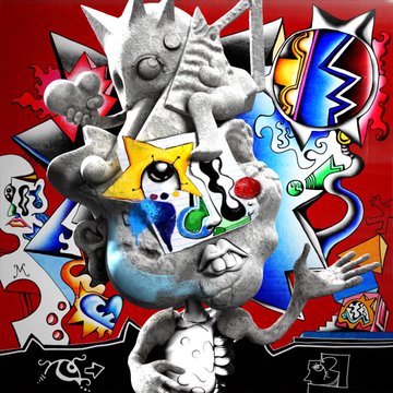 A vibrant mixed-media artwork features a stone-like figurine on a chaotic background of red, blue, and yellow graffiti-style designs with stars and arrows.