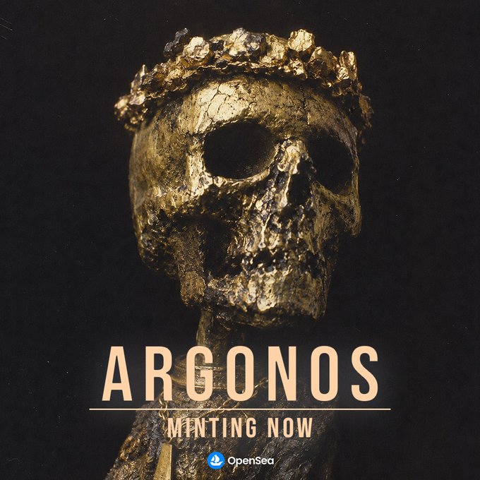 A gilded skull adorned with a golden laurel wreath crowns the composition, visually echoing the mythological "Golden Fleece" referenced in the post. The text reads "ARGONOS — MINTING NOW" with the OpenSea logo, promoting the live NFT drop for the Argonauts collection.
