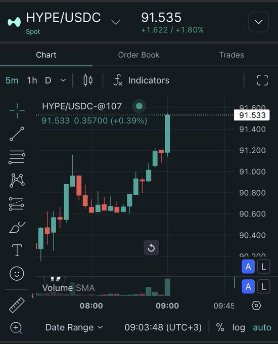 A financial trading screen displays the 'HYPE/USDC' Spot chart at 91.535, showing a 1.80% increase with candlestick data for the morning of the trading day.