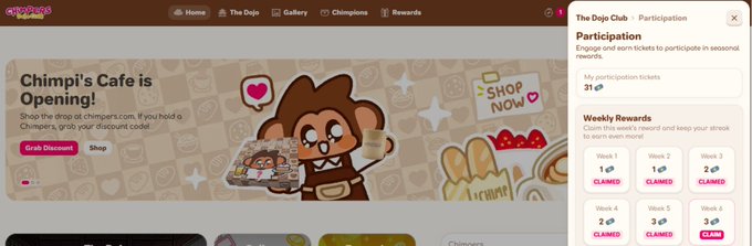 A screenshot from the Chimpers Collectors Hub website displays a "Chimpi's Cafe is Opening!" promotional banner alongside a "Participation" panel on the right, which shows 31 participation tickets and six weekly reward trackers (Weeks 1-6) with most marked as "CLAIMED" and Week 6 remaining to be claimed. The image visually supports the post's reminder to claim weekly raffle tickets for free rewards on the Chimpers platform.