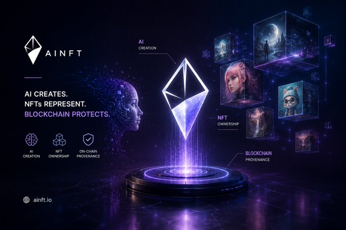 An "AiNFT" promotional graphic featuring an Ethereum diamond symbol, an AI-rendered female head, floating NFT artwork cubes, and the slogans "AI CREATES. NFTs REPRESENT. BLOCKCHAIN PROTECTS." along with the URL ainf.io.