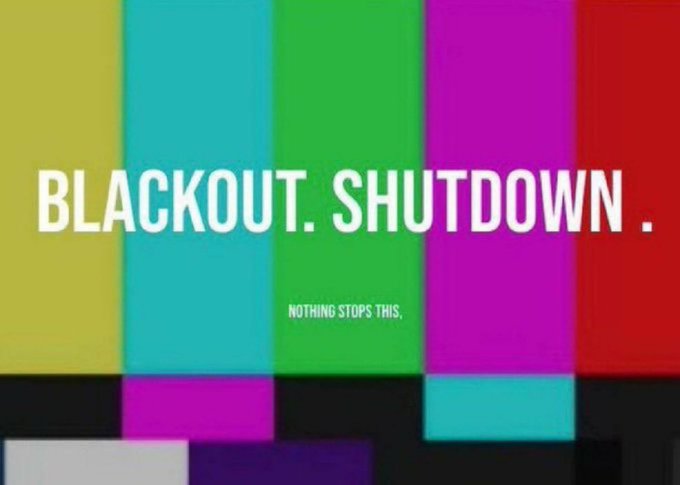 A vibrant TV test pattern displaying the text "BLACKOUT. SHUTDOWN." with the tagline "NOTHING STOPS THIS." The image visually reinforces the post's warning about an imminent, disruptive reset—pairing the urgency of the countdown message with the ominous threat of a total system failure to underscore the consequences of inaction.