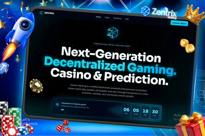 Promotional graphic for 'Zentrix Gaming' featuring a 'Next-Generation Decentralized Gaming. Casino & Prediction.' countdown timer with a rocket and poker chips.