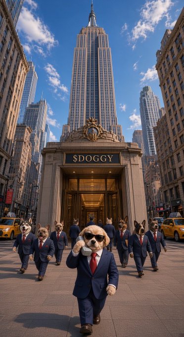A whimsical, AI-generated image shows anthropomorphic dogs in business suits walking out of a building labeled '$DOGGY', with the Empire State Building visible in the background.