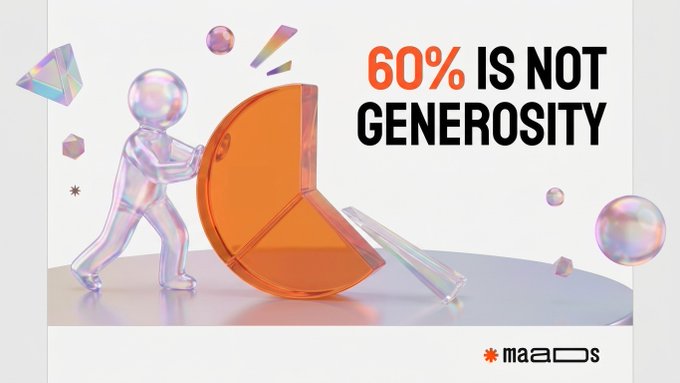 An advertisement graphic displays the text '60% IS NOT GENEROSITY' alongside a figure pushing a large orange pie chart slice, with the 'maas' logo at the bottom.