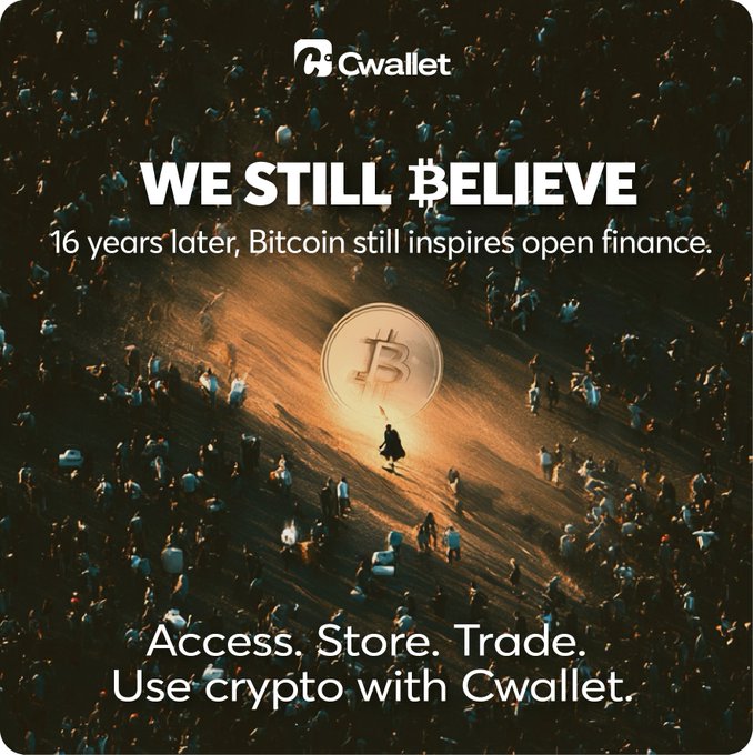 An advertisement for Cwallet with the text "WE STILL BELIEVE - 16 years later, Bitcoin still inspires open finance" and "Access. Store. Trade. Use crypto with Cwallet," featuring a Bitcoin logo over an aerial crowd shot.