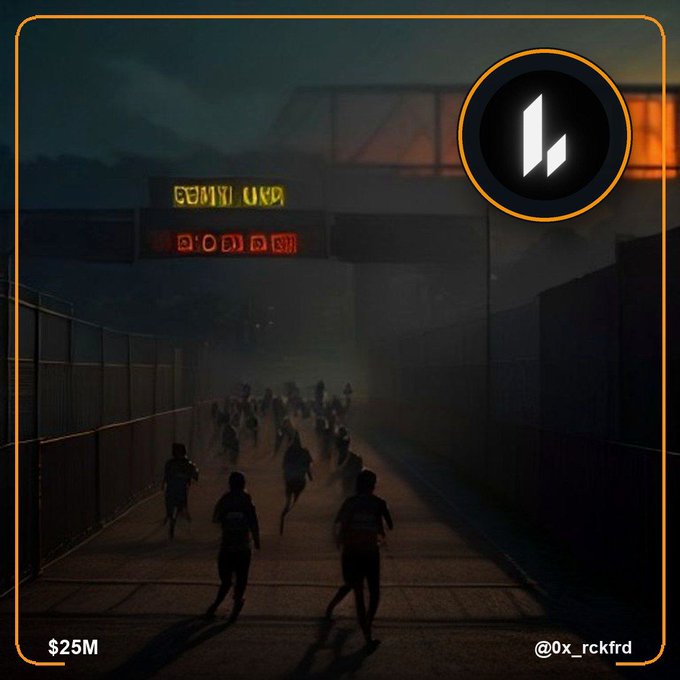 An illustrated artwork showing silhouettes of people running through a gate toward a glowing 'PRO RANGE' sign, with a logo in the upper right and '$25M' with '@0x_rckfrd' at the bottom.
