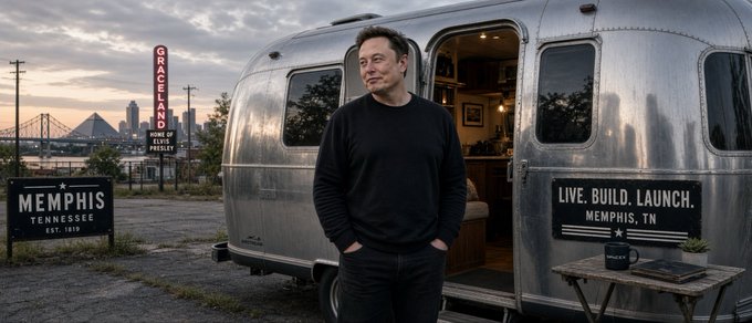 A man in a dark sweater standing in front of a silver Airstream trailer in Memphis, Tennessee, with signs reading 'Graceland Home of Elvis Presley,' 'Memphis Tennessee Est. 1819,' and 'Live. Build. Launch. Memphis, TN.'