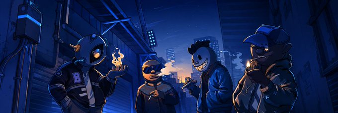 An illustrated scene of four masked characters in a dark urban alleyway at night, with one holding a flame and others smoking, set against a blue-lit cityscape.