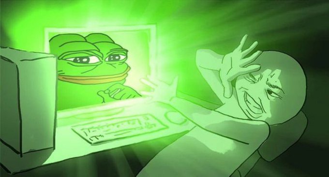 A 2D animated scene showing a man looking terrified at his computer as an anthropomorphic, glowing green Pepe the Frog character appears on the monitor.