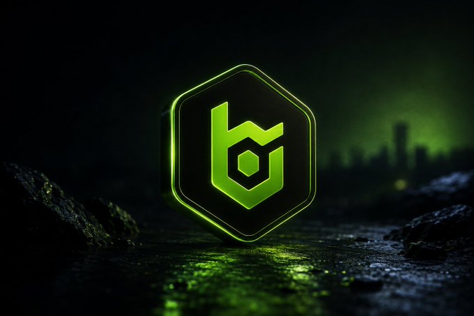 A glowing green hexagonal logo with a stylized 'b' symbol, set against a dark, moody background with a blurred cityscape.