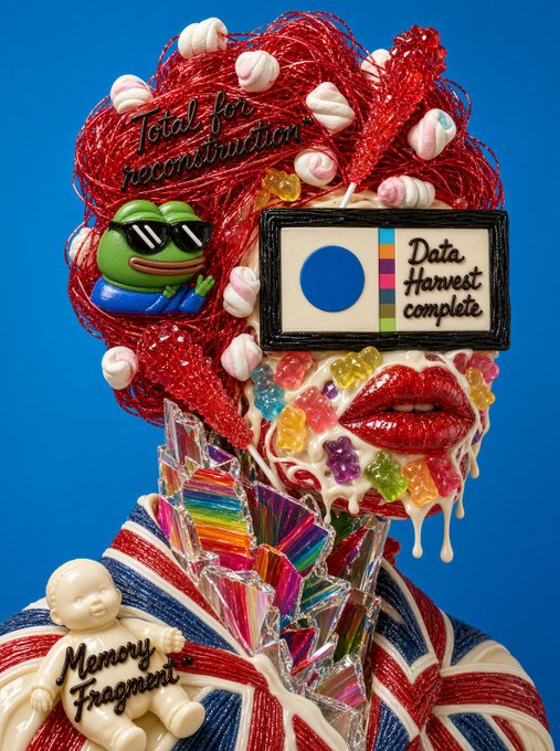 A vibrant, surreal collage-style artwork featuring red lips, gummy bears, candy, a Pepe frog with sunglasses, a Union Jack outfit, and text labels 'Total for reconstruction,' 'Data Harvest complete,' and 'Memory Fragment.'
