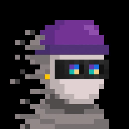 A pixel art style portrait of a character with gray skin, a purple cap, glowing multicolored eyes, and glitchy pixel particles disintegrating from the left side.