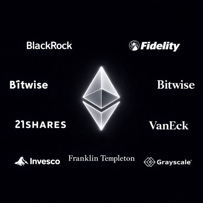 The image features the Ethereum logo centered among logos of major financial institutions that have filed for or launched Ethereum ETFs, including BlackRock, Fidelity, Bitwise, 21Shares, VanEck, Invesco, Franklin Templeton, and Grayscale. This visually reinforces the post's message "Don't sleep on Ethereum" by highlighting Wall Street's institutional embrace of Ethereum through spot ETF products.