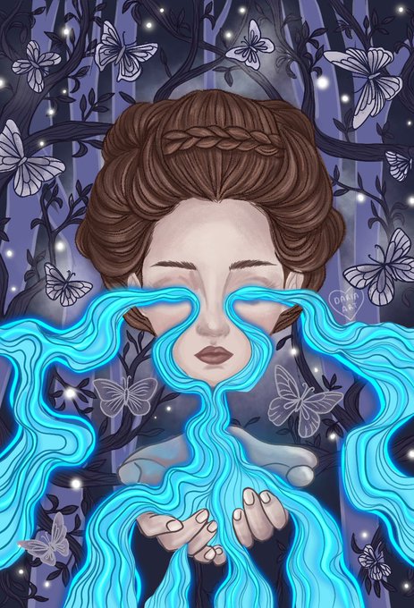 An illustration of a serene woman with braided brown hair holding a flowing stream of glowing blue water from her hands, surrounded by butterflies in a dark, enchanted forest setting.
