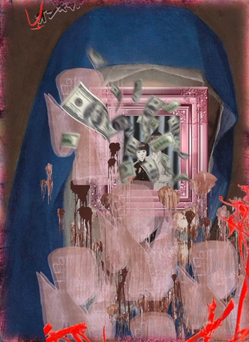 The image features a painting with a large pink frame, which has money falling out of it onto the canvas. The painting also includes a person standing inside the frame, surrounded by the falling money. The background of the painting is dark blue, creating an interesting contrast between the vibrant colors and the darker tones. The artist's signature can be seen in the bottom right corner of the image.