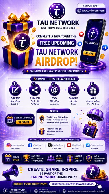 The image is a promotional flyer for the Tau Network (τ) Airdrop, supported by minetau.com, inviting participants to complete a 5-step creative task—Create, Publish, Tag, Submit, and Win—within an 11-day event window to earn rewards, with hashtags #TauAirdrop and #tau_network visible, directly illustrating the "FREE UPCOMING TAU NETWORK AIRDROP" call-to-action from the post.