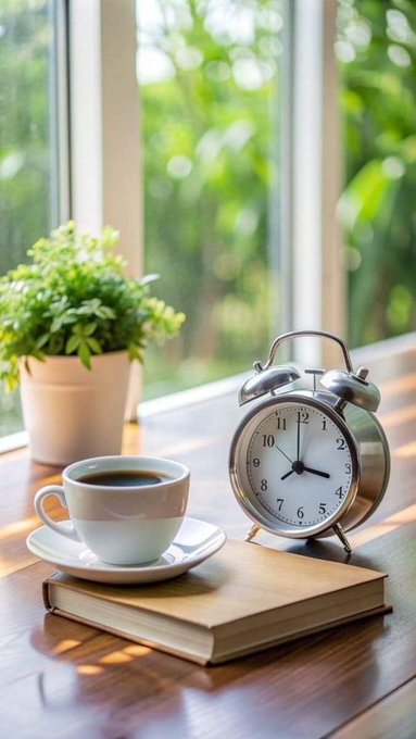 The image features a wooden table with an alarm clock sitting next to a cup of coffee, a book, and a potted plant. The scene suggests that someone might be enjoying their morning routine or taking a break from work by reading a book while sipping on a hot beverage. The presence of the potted plant adds a touch of nature and tranquility to the setting. The image also includes text that reads "GM gTRIA Feels like @useTria is quietly making Web3 interactions feel effortless. Payments, swaps, transfers, and cross-chain movement all starting to flow with less friction and less stress." This could be a reference to the rise of cryptocurrency or blockchain technology in recent years, which has made financial transactions more efficient and streamlined.