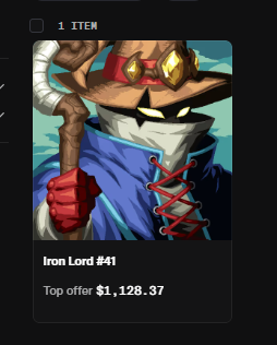 A character NFT collectible card labeled "Iron Lord #41" showing a masked warrior with a red helmet, displayed with a "1 ITEM" indicator and a "Top offer $1,128.37" price tag at the bottom—suggesting the owner has finally acquired this piece for their wallet.