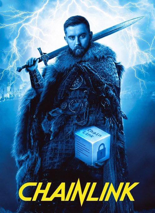 A movie poster-style image of a bearded warrior in fur holding a sword, with a "ChainLink" package in front, set against lightning and "CHAINLINK" in yellow text.