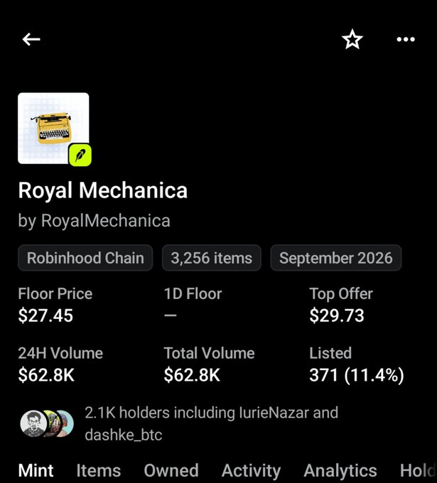 Screenshot of an NFT collection page on Robinhood Chain titled 'Royal Mechanica' by RoyalMechanica, featuring 3,256 items with a floor price of $27.45 and 24H volume of $62.8K.