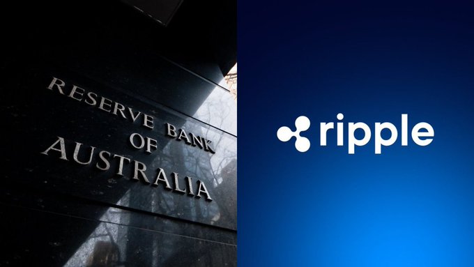 The split image shows the Reserve Bank of Australia sign on the left and the Ripple logo on the right, visually representing Ripple's engagement with Australian financial authorities to promote $XRP's role in enhancing cross-border payment efficiency.