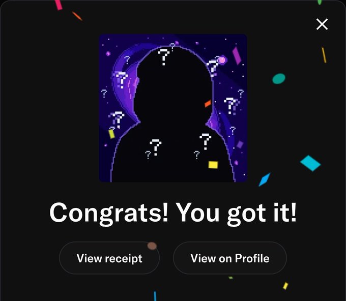 A digital reward screen displays 'Congrats! You got it!' with a purple silhouette avatar covered in question marks, with buttons to 'View receipt' and 'View on Profile'.
