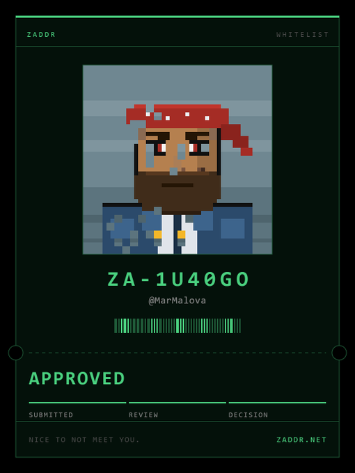 A green-themed digital approval card from ZADDR showing a pixel art pirate character with the ID 'ZA-1U40GO' and username '@MarMalova', marked as APPROVED.