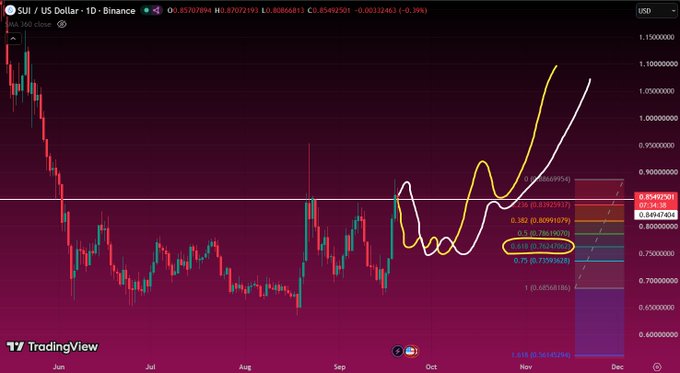 A TradingView candlestick chart for 'SUI / US Dollar · 1D · Binance' showing technical analysis lines and Fibonacci levels.