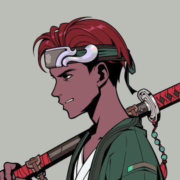 An anime-style illustration of a red-haired swordsman in profile wearing a green headband and carrying a katana on his back.