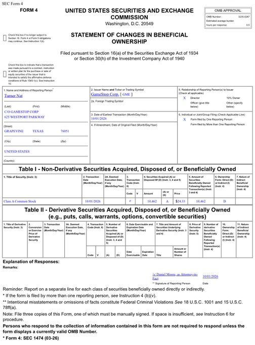 An SEC Form 4 Statement of Changes in Beneficial Ownership filed by James Nai dated 10/01/2026 regarding GameStop Corp Class A Common Stock transactions.