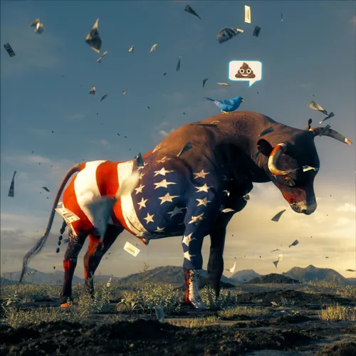 A digital artwork of a bull painted with the American flag, standing in a barren landscape with money and debris floating in the air, accompanied by a Twitter poop emoji icon.
