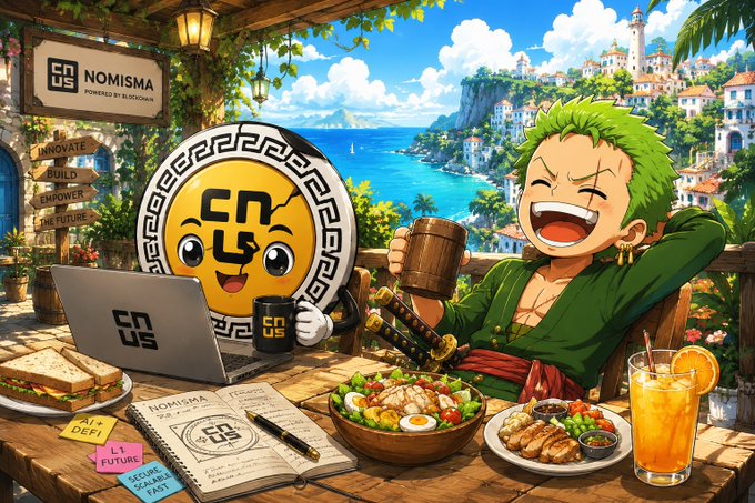 The image features a cartoon character, likely from the anime "@NomisaNetwork", sitting at a table with food and drinks. The character appears to be enjoying their meal while using a laptop computer placed next to them. There are also two cups on the table - one containing coffee and another filled with orange juice. A book is visible in front of the character, suggesting that they might have been reading or studying before taking a break for lunch. The overall scene conveys a sense of relaxation and leisure as the character enjoys their meal and engages with technology.