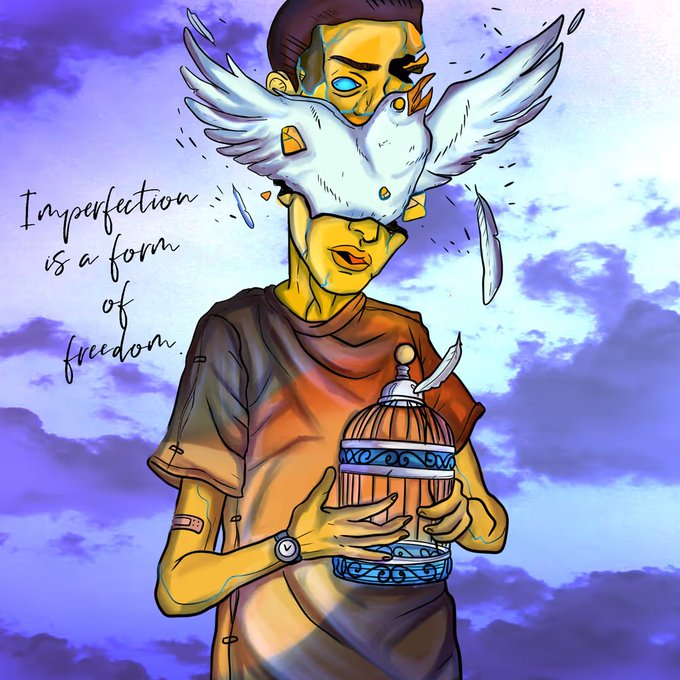 A figure with a yellow-skinned, fragmented face holds a small birdcage containing a feather, with a white dove bursting free from the mask against a purple cloudy sky. The handwritten text reads "Imperfection is a form of freedom," symbolizing the liberation and value gained from their investment in the @FunkariNft after 6 days.