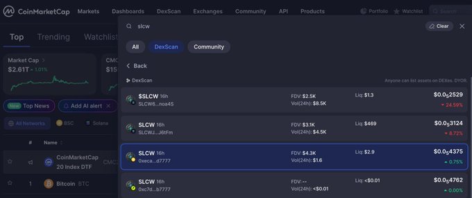 A CoinMarketCap DexScan search for "slcw" displays multiple $SLCW token results, with $SLCW_67777 showing a 0.75% increase and $0.0₄4375 price, likely used as a visual aid for the warning about potential copycat tokens imitating a legitimate MEXC Kickstarter project.